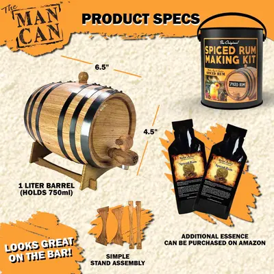 Product specifications for Man Can Spiced Rum Making Kit showing 1-liter barrel dimensions, stand assembly, and additional rum essence options.