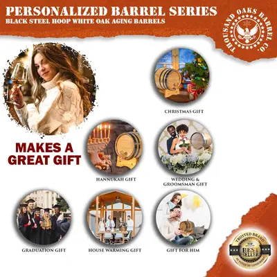 Personalized mini oak whiskey barrel custom engraved gift for weddings, graduation, housewarming, and holiday occasions.