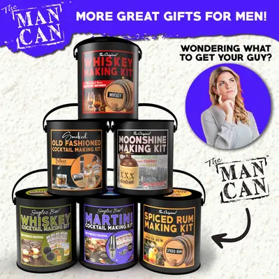 Man Can premium gift collection including whiskey making kit, moonshine kit, cocktail kits and whiskey barrel flight set for men.