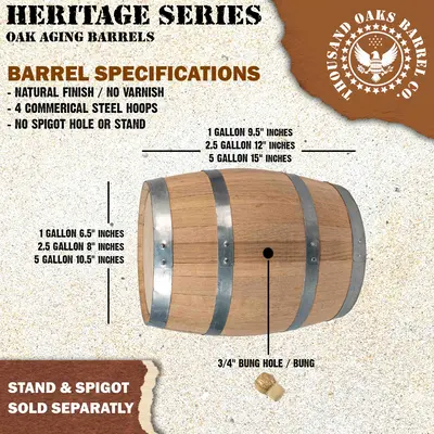 Heritage Series oak aging barrel specifications including American white oak, medium char, and steel hoops