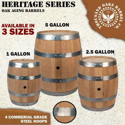 Heritage Series oak aging barrels available in 1 gallon, 2.5 gallon, and 5 gallon sizes