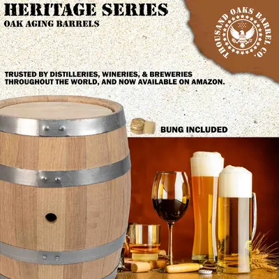 Thousand Oaks Barrel Co Heritage Series oak aging barrel with bung hole and commercial steel hoops