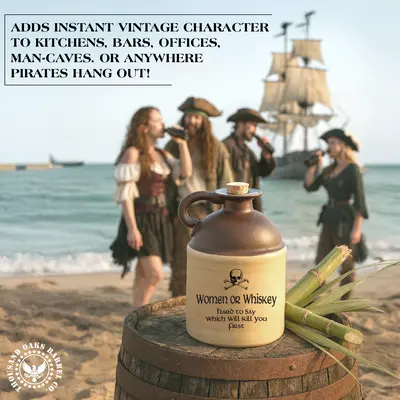 Ceramic vintage-style moonshine jug with brown top and beige body featuring skull-and-crossbones graphic and humorous text ‘Women or Whiskey, hard to say which will kill you first,’ displayed on a beach barrel with pirate-themed background
