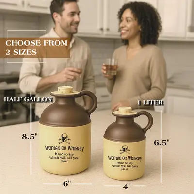Rustic ceramic moonshine jugs with vintage two-tone glaze and humorous ‘Women or Whiskey’ design shown in two sizes, styled on a kitchen counter as a couple enjoys drinks; perfect for farmhouse décor, novelty gift ideas, and whiskey-themed home accents