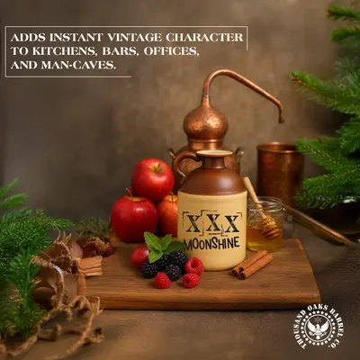 A classic moonshine jug featuring a brown glazed upper section, a cork stopper, and bold “XXX MOONSHINE” lettering on the light-colored lower half.