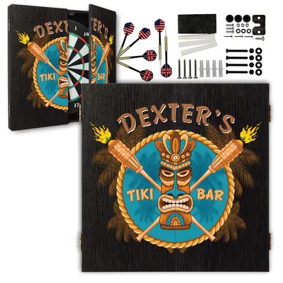 Personalized Tiki Bar dartboard cabinet set with custom name, tropical tiki mask design, included darts, mounting hardware, and accessories displayed on white background.
