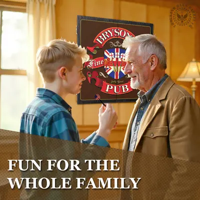 Father and son playing darts in a cozy room with personalized “Bryson’s Fine Ale Pub” dartboard cabinet mounted on the wall, highlighting family fun and custom pub-style design.