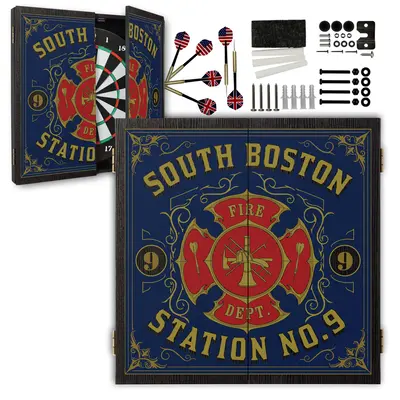 Personalized  Fire Department Station No. 9 dartboard cabinet set with custom name option, blue and red firehouse emblem design, steel tip darts, and mounting hardware included.