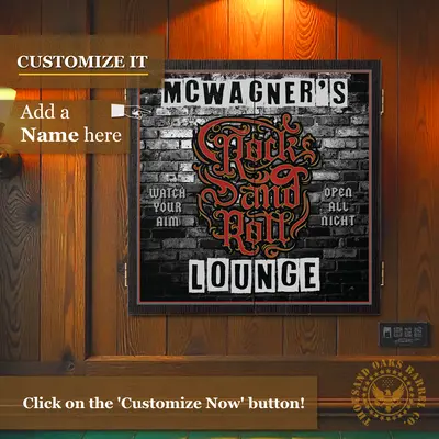 Personalized Rock and Roll Lounge dartboard cabinet mounted on wood wall with custom name option and “Customize Now” callout graphic.