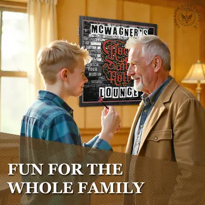 Father and son playing darts in a game room with custom Rock and Roll Lounge dartboard cabinet featuring personalized name on brick wall design.