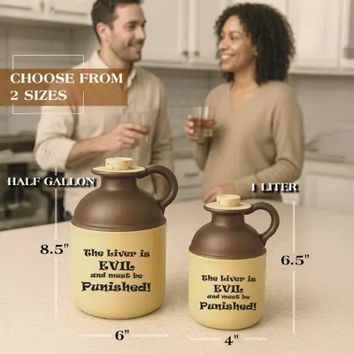 Two ceramic moonshine jugs in half-gallon and 1-liter sizes with brown tops and humorous text ‘The liver is evil and must be punished,’ displayed on a kitchen counter with people holding drinks in the background; novelty drinkware and rustic barware collectibles.