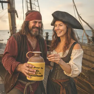 Pirate-costumed couple aboard a wooden ship holding a ceramic moonshine jug with humorous text ‘The liver is evil and must be punished,’ a novelty whiskey gift and rustic bar accessory ideal for themed décor and entertaining.