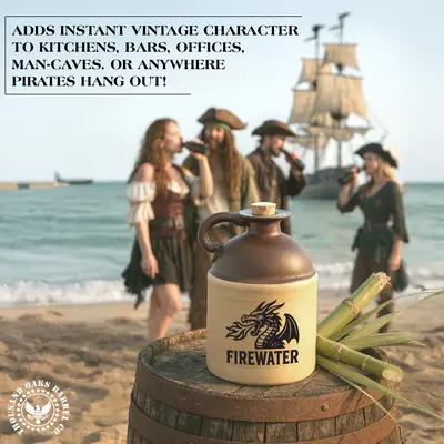 Firewater moonshine jug with dragon logo placed on a wooden barrel at the beach, with pirate-costumed people and a ship in the background, showcasing rustic vintage décor appeal.