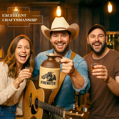 Smiling cowboy musician holding a Firewater moonshine jug with dragon artwork, standing with friends in a rustic bar setting emphasizing excellent craftsmanship.