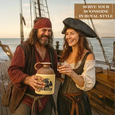 Firewater moonshine jug held by pirate-costumed man on a wooden ship deck while sharing drinks, demonstrating the jug’s vintage moonshine aesthetic and themed appeal.