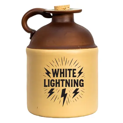 White Lightning moonshine jug with bold lightning bolt artwork on a two-tone ceramic jug, isolated on a white background for product display and e-commerce listings.