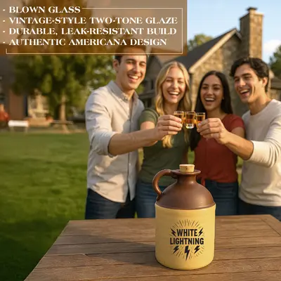Group of friends toasting with shot glasses next to a White Lightning moonshine jug on a wooden table, highlighting blown glass construction, vintage two-tone glaze, and durable Americana design.