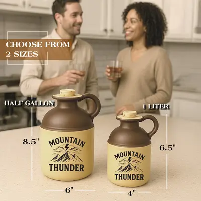“Mountain Thunder moonshine jug in two sizes, half-gallon and 1-liter, displayed on a kitchen counter with couple enjoying drinks in the background.”