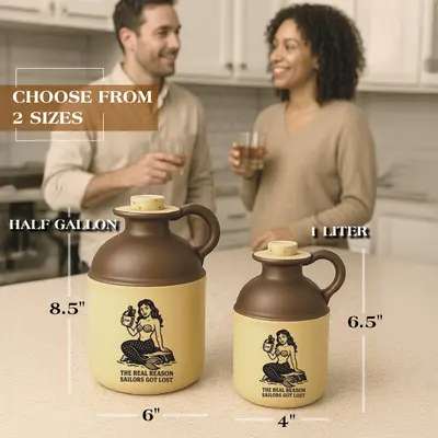 Two stoneware mermaid moonshine jugs in half-gallon and one-liter sizes placed on a kitchen counter with measurement labels, showing available size options.