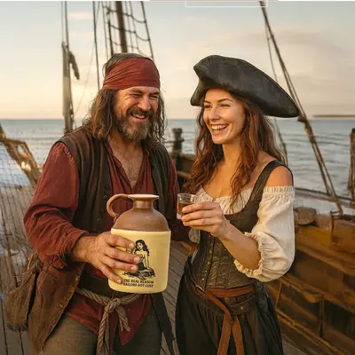 Two people dressed as pirates sharing drinks on a ship while holding a mermaid moonshine jug, emphasizing humorous nautical-themed barware and vintage design.