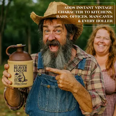 Bearded farmer in overalls holding and pointing to a vintage-style “Old Fashioned Beaver Liquor” ceramic moonshine jug, showcasing rustic Americana décor.