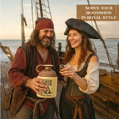 Couple dressed as pirates sharing drinks on a ship while holding a vintage “Old Fashioned Beaver Liquor” moonshine jug, demonstrating themed entertaining décor.