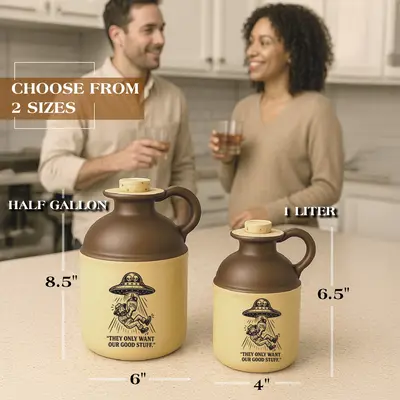 Half-gallon and one-liter alien-abduction moonshine jugs displayed on a kitchen counter with size measurements, while a couple enjoys drinks in the background.
