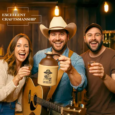 Three friends smiling and raising drinks in a rustic bar as they showcase an alien-abduction moonshine jug, promoting excellent craftsmanship and humorous barware.