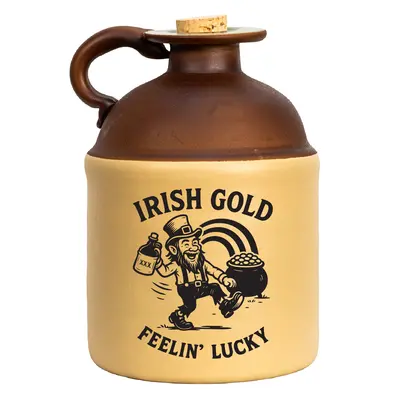 Irish Gold “Feelin’ Lucky” stoneware moonshine jug featuring a dancing leprechaun with a pot of gold and rainbow graphic, shown on a white background.