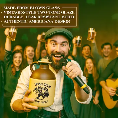 Man celebrating with a crowd in an Irish pub, holding an Irish Gold “Feelin’ Lucky” moonshine jug, with text highlighting blown glass, two-tone glaze, durability, and Americana design.