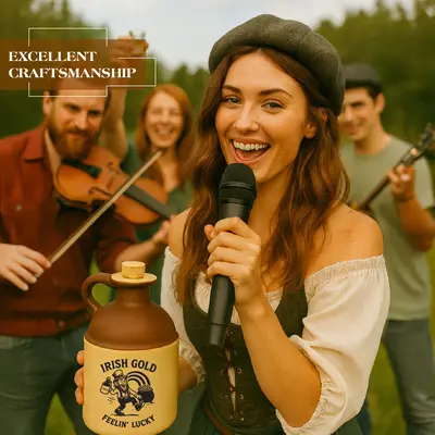 Woman singing into a microphone while holding an Irish Gold “Feelin’ Lucky” moonshine jug, with musicians celebrating behind her, emphasizing craftsmanship and festive Irish barware.