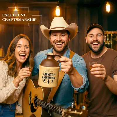 Smiling cowboy musician holding a White Lightning moonshine jug while posing with friends in a rustic bar, showcasing excellent craftsmanship and vintage Americana vibe.