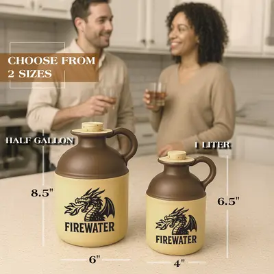 Firewater moonshine jug shown in two sizes, half gallon and one liter, featuring a black fire-breathing dragon logo on vintage ceramic jugs displayed on a kitchen counter
