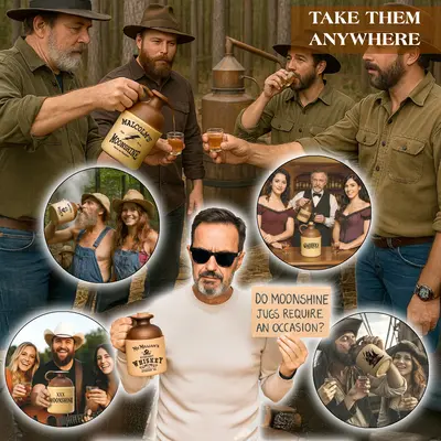 Collage of people using vintage-style moonshine jugs in various settings, including outdoors, bars, rustic gatherings, and themed events, with central man holding a jug and sign reading “Do moonshine jugs require an occasion?