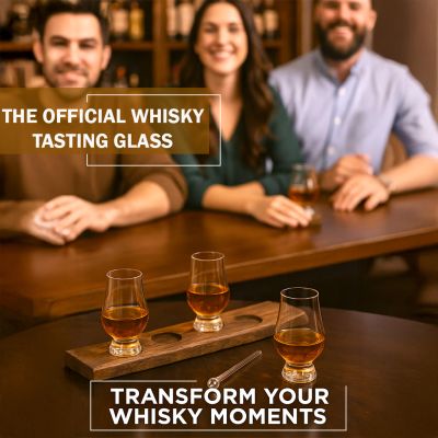 Whisky flight board with Glencairn tasting glasses on a bar top with people seated behind it, showcasing the official whisky tasting glass.