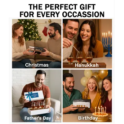 Four-image collage showing whisky flight set being gifted for Christmas, Hanukkah, Father’s Day, and birthdays.