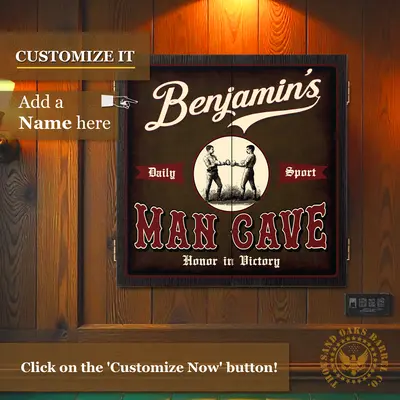 Custom name Man Cave dartboard cabinet wall mounted in rustic wood game room, personalized boxing theme design with “Customize It” option.