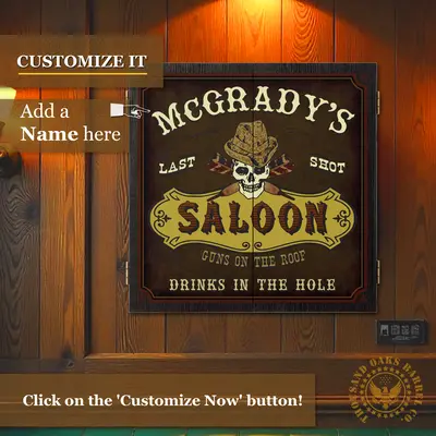 Personalized Western Saloon dartboard cabinet mounted on wood wall with custom name design and vintage rustic bar decor styling.