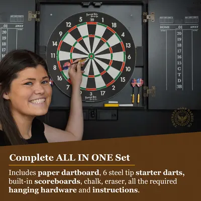 Open personalized beach house dartboard cabinet showing regulation dartboard, built-in chalk scoreboards, and steel tip darts included in the set