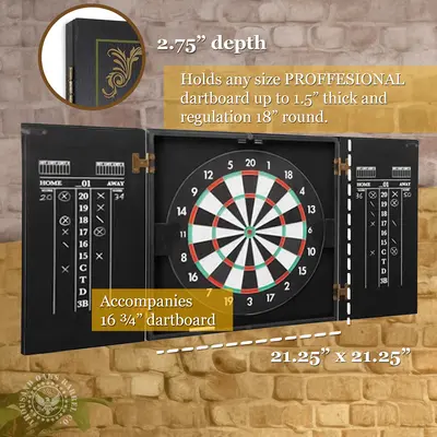 Beach house dartboard cabinet dimensions showing 21.25 by 21.25 inches with 2.75 inch depth and space for regulation 18 inch dartboard