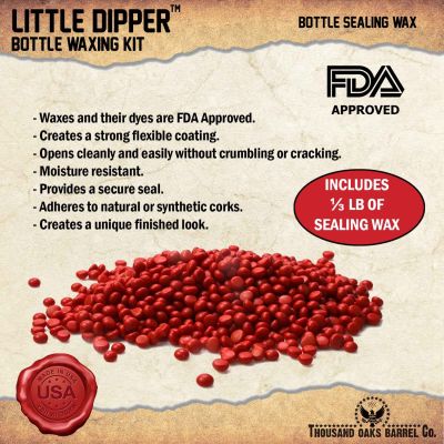 FDA-approved red bottle sealing wax pellets included with the Little Dipper Bottle Waxing Kit for whiskey and spirits.