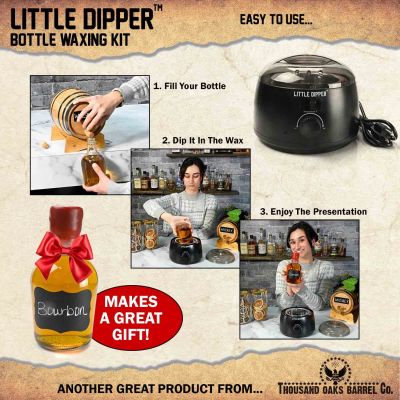 Little Dipper Bottle Waxing Kit shown in three easy steps for sealing a home-aged whiskey bottle, perfect as a gift.