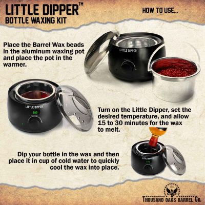 Step-by-step instructions showing how to melt wax and dip bottles using the Little Dipper Bottle Waxing Kit.