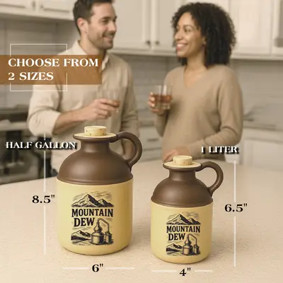 Two ceramic Mountain Dew moonshine jugs in half-gallon and one-liter sizes displayed on a kitchen counter, with a couple enjoying drinks in the background.