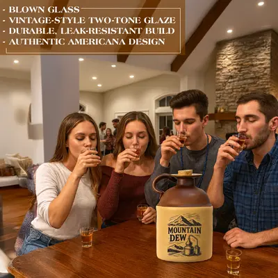 Four young adults at a table taking shots with a large Mountain Dew moonshine jug in the center, showcasing vintage glassware and Americana design.