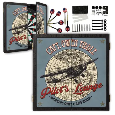 Personalized aviation dartboard cabinet set open with dartboard, steel tip darts, and mounting hardware included