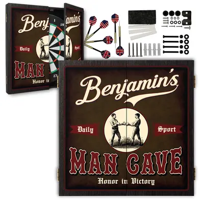 Personalized Man Cave dartboard cabinet set with custom name, vintage boxing design, bristle dartboard, six darts, and mounting hardware included.