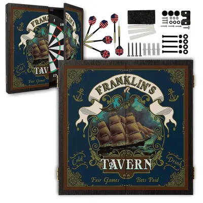 Personalized Franklin’s Tavern nautical ship dartboard cabinet set with bristle dartboard, steel tip darts, mounting hardware and wood finish doors.