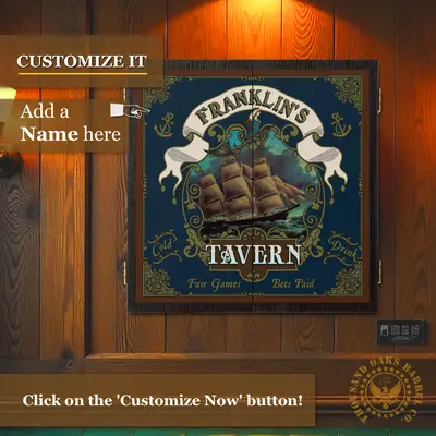 Custom Franklin’s Tavern nautical ship dartboard cabinet mounted on wood wall with personalized name option and vintage sailing ship artwork.