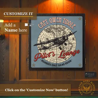 Personalized Pilot’s Lounge dartboard cabinet mounted on wood wall with custom name option and vintage airplane aviation design